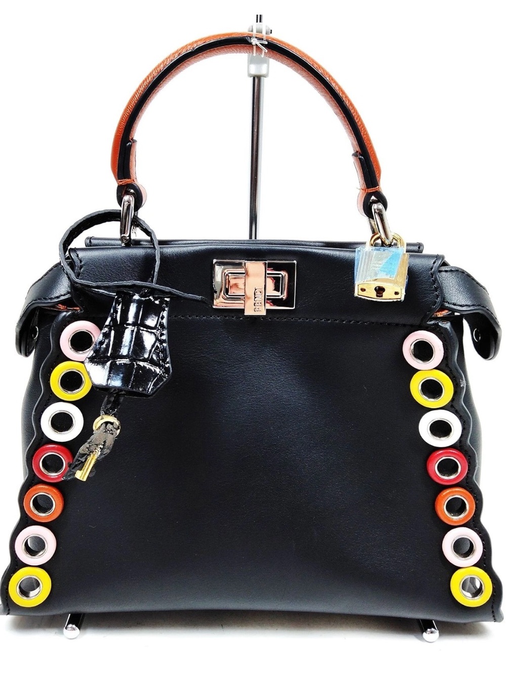 Fendi Peekaboo Mini Black Leather Top Handle Bag Multicolor Limited Edition